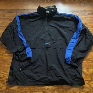 Vintage 90s Reebok Black Blue Retro Half Zip Windbreaker Jacket Back Logo Mens L
